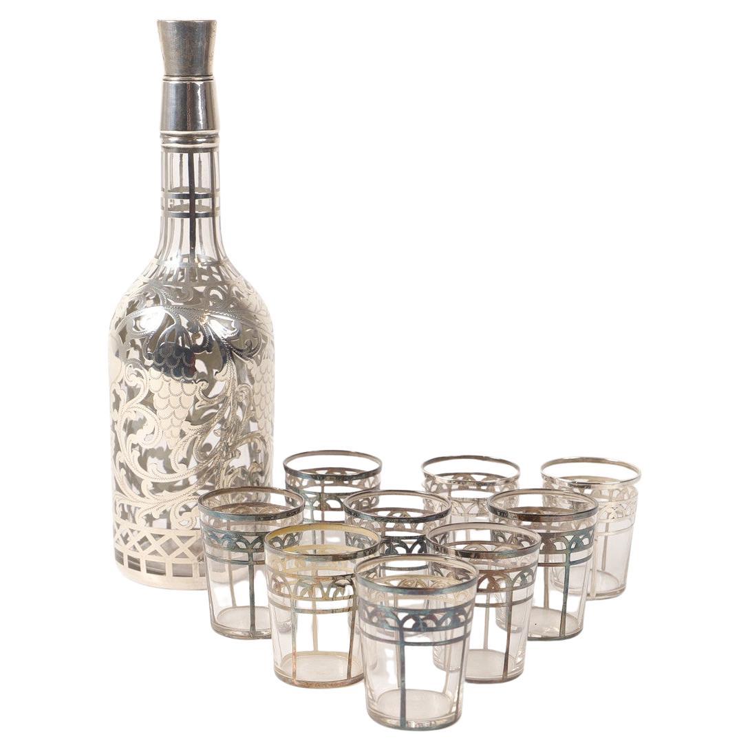 DECANTERO DE PLATA para beber Cristalería para vino Raras jarras antiguas 7 copas en venta