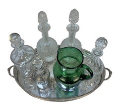 Silver Drinks Tray With Cut Glass Decanters & A Green Glass Jug