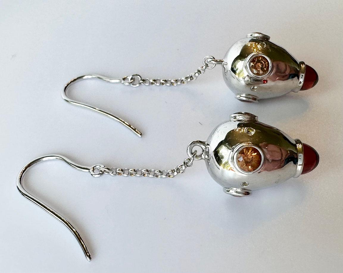 Art Nouveau Silver Drop Earrings, Set with Garnet Cabs, Orange Sapphires and Diamonds For Sale