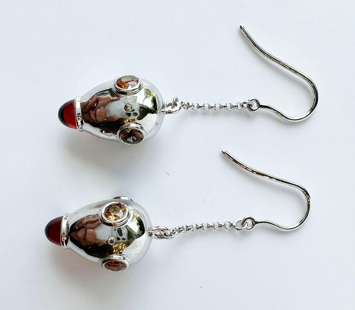 Round Cut Silver Drop Earrings, Set with Garnet Cabs, Orange Sapphires and Diamonds For Sale