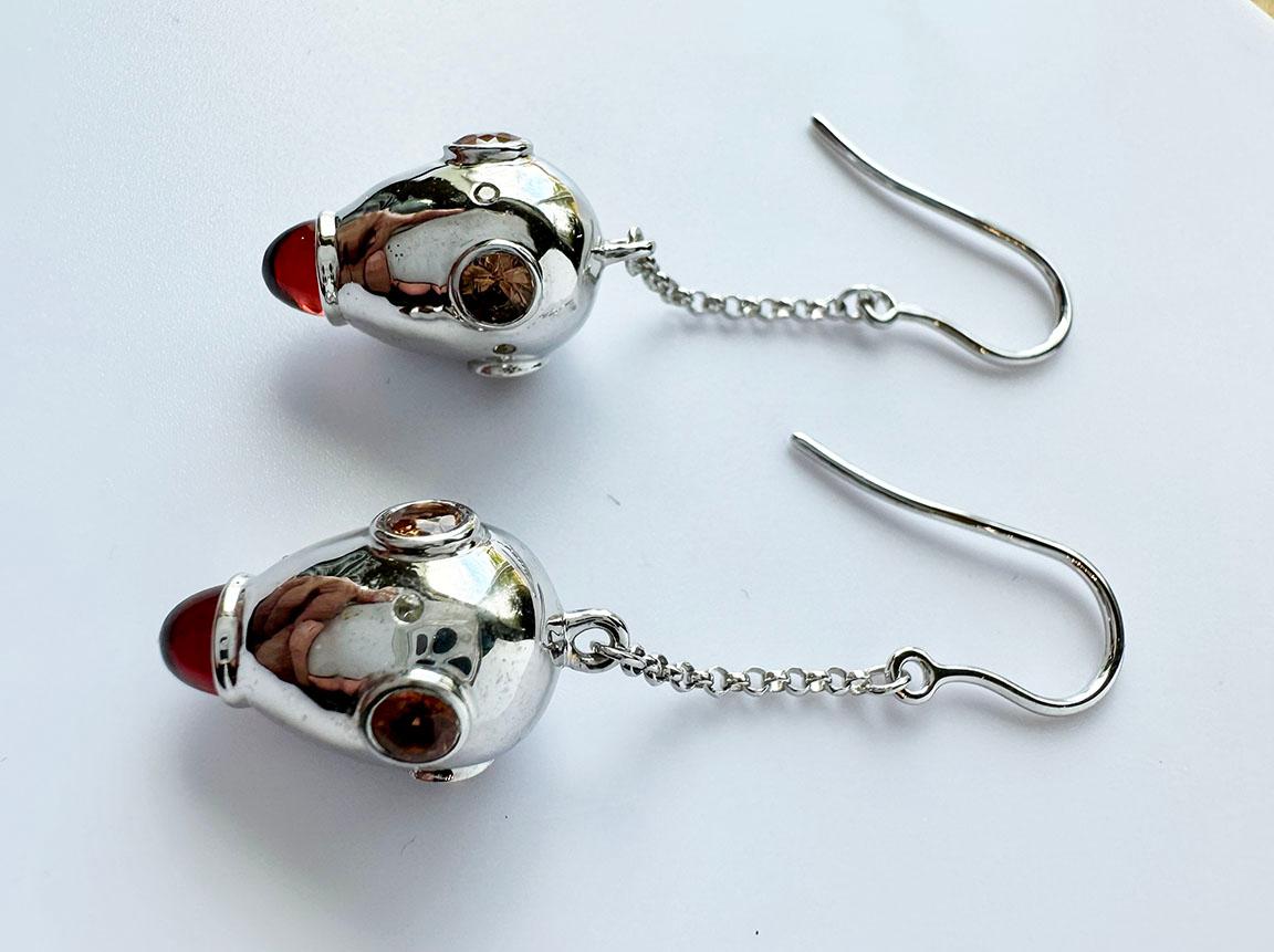 Silver Drop Earrings, Set with Garnet Cabs, Orange Sapphires and Diamonds In New Condition For Sale In Seattle, WA