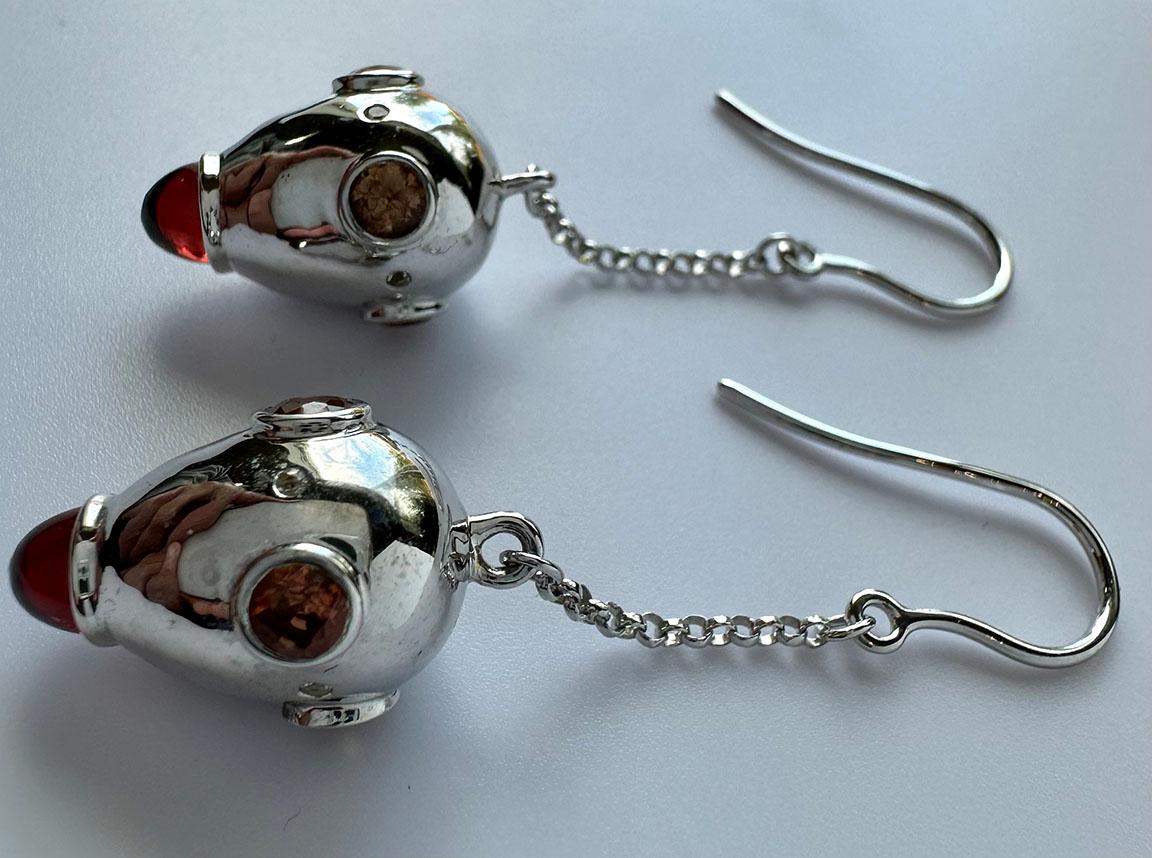 Women's Silver Drop Earrings, Set with Garnet Cabs, Orange Sapphires and Diamonds For Sale