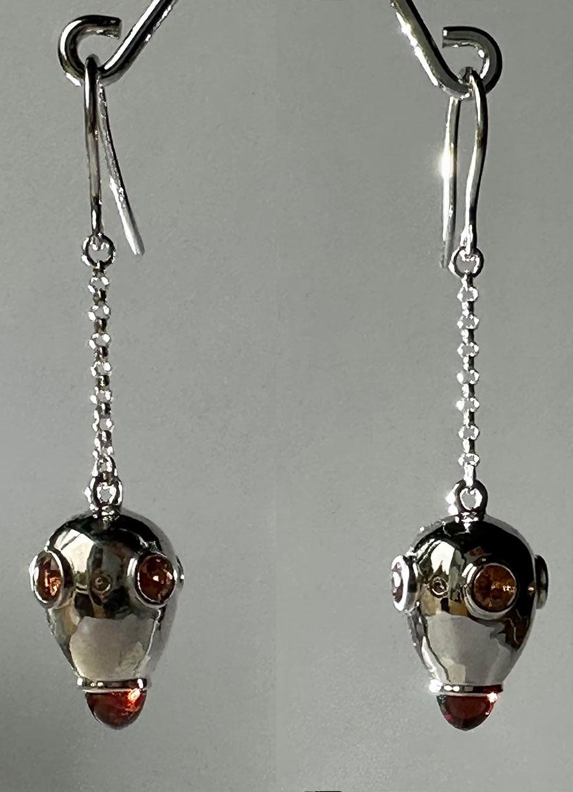 Silver Drop Earrings, Set with Garnet Cabs, Orange Sapphires and Diamonds For Sale 1