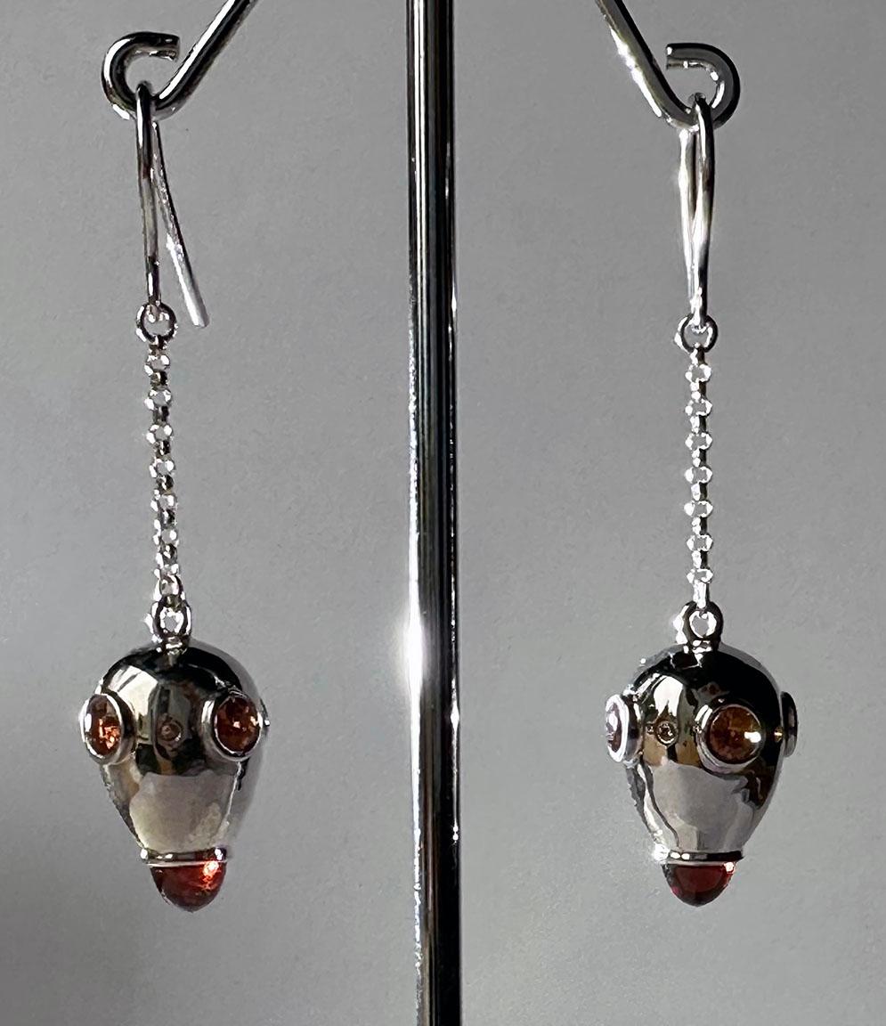 Silver Drop Earrings, Set with Garnet Cabs, Orange Sapphires and Diamonds For Sale 2