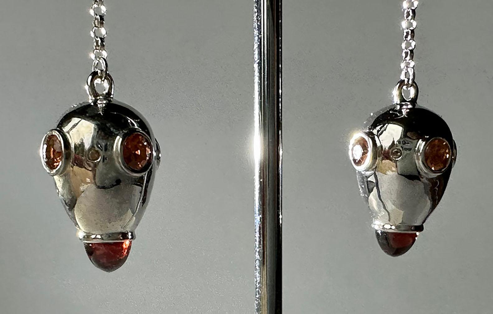 Silver Drop Earrings, Set with Garnet Cabs, Orange Sapphires and Diamonds For Sale 3