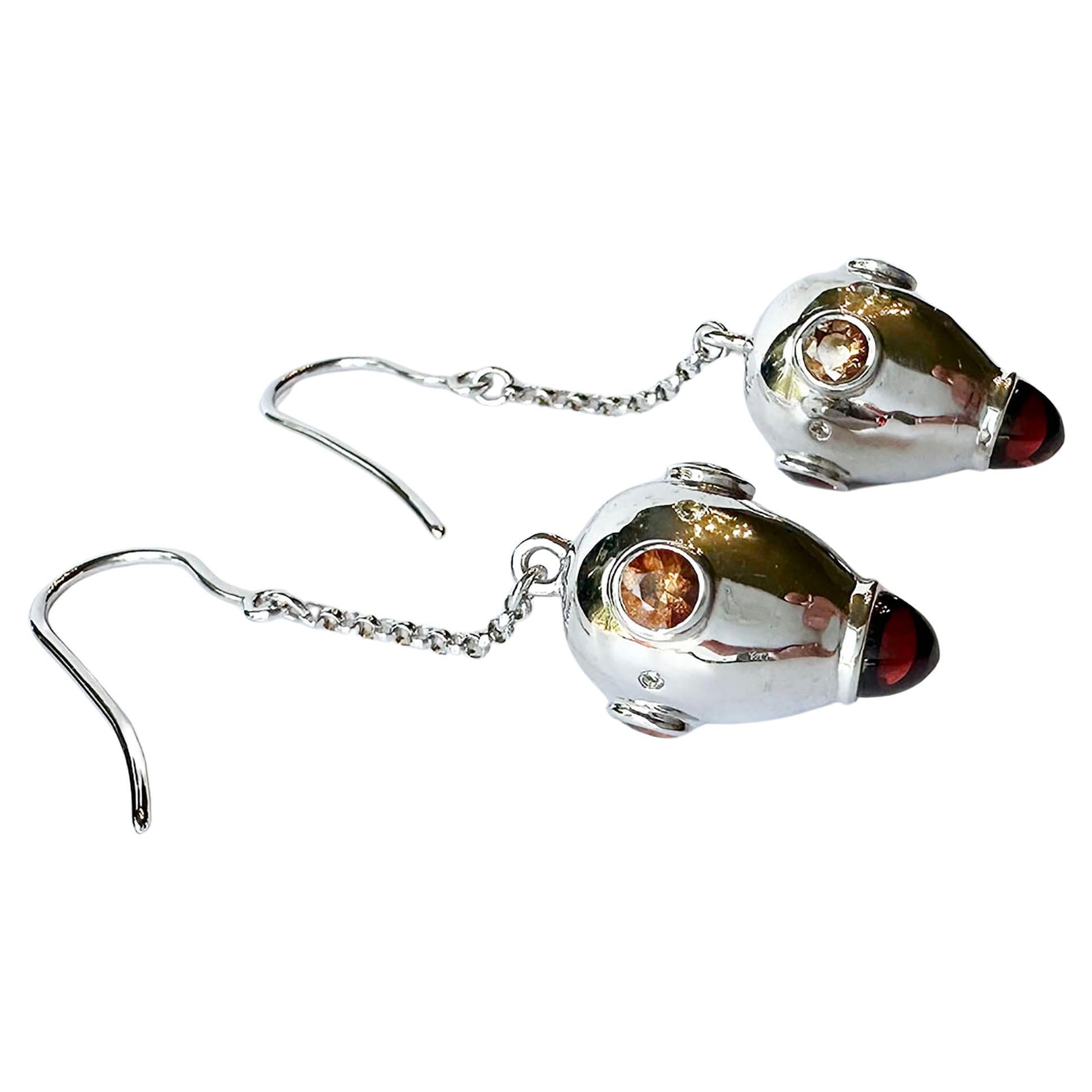 Silver Drop Earrings, Set with Garnet Cabs, Orange Sapphires and Diamonds For Sale