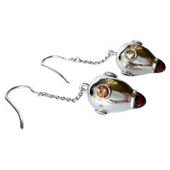 Silver Drop Earrings, Set with Garnet Cabs, Orange Sapphires and Diamonds