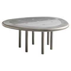 Silver Drop Inlaid Metal and Gray Wooden Dining Table