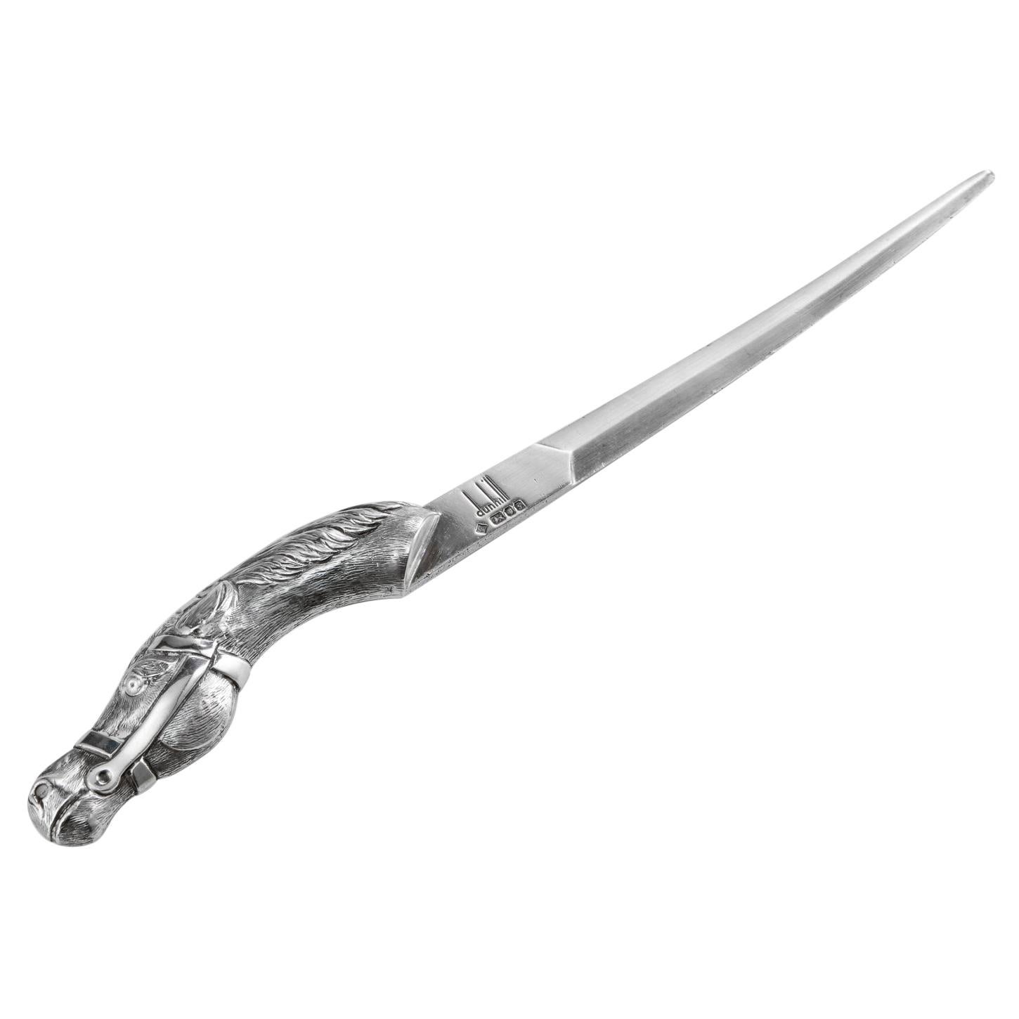 Silver Dunhill Letter Opener with a Horse Head London, 1981 For Sale