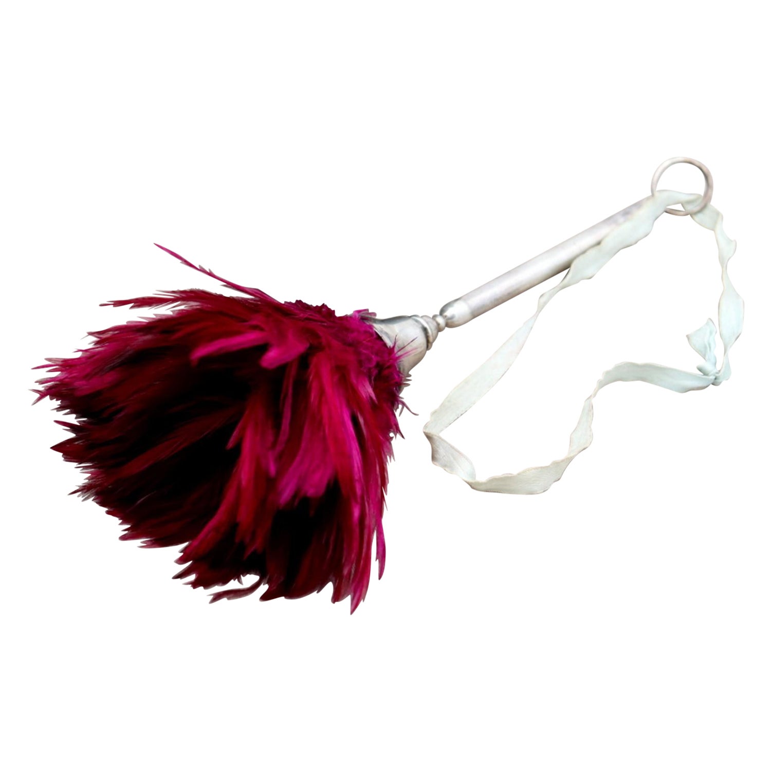 Silver duster with ring and burgundy feathers For Sale