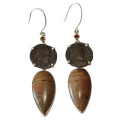 SIlver Earring with Citrine, Ancient Roman Coin and Cherry Creek Jasper Cabochon