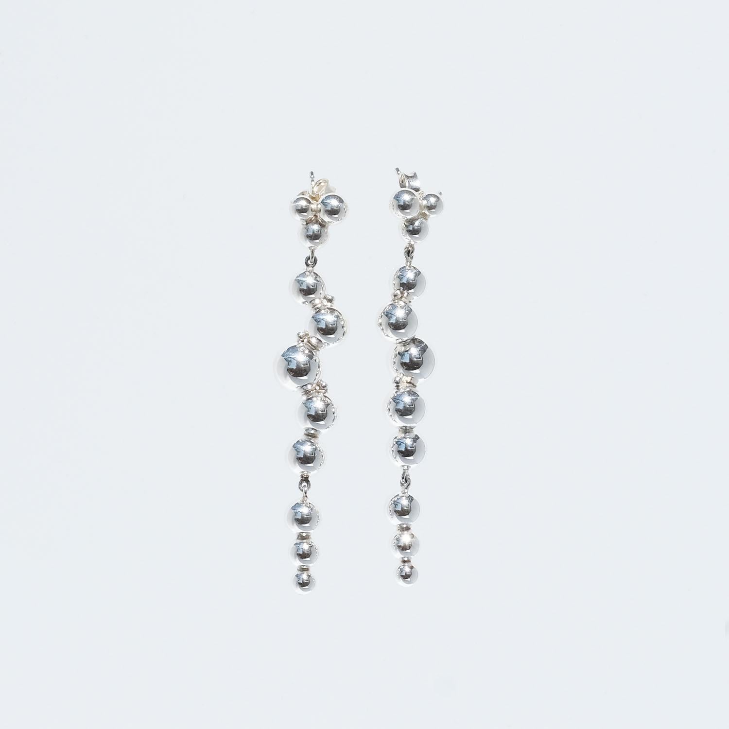 These sterling silver earrings are made of small silver globes that are welded together. They look like oblong bunches of silver grapes. To keep the earrings in place a pole with a clutch backing is used. 

The earrings have both a graceful and