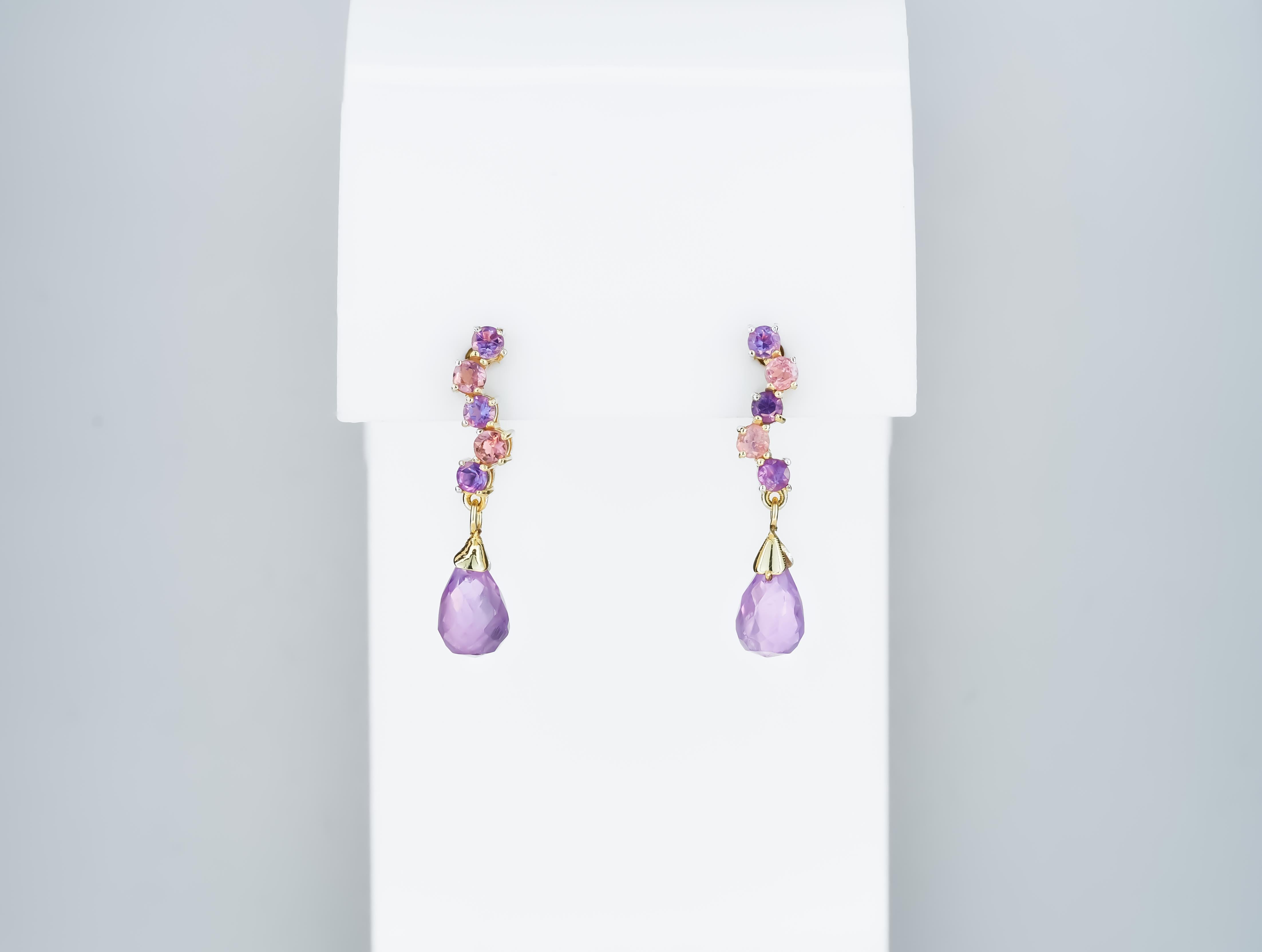 Briolette Cut Silver earrings with amethysts and sapphires For Sale