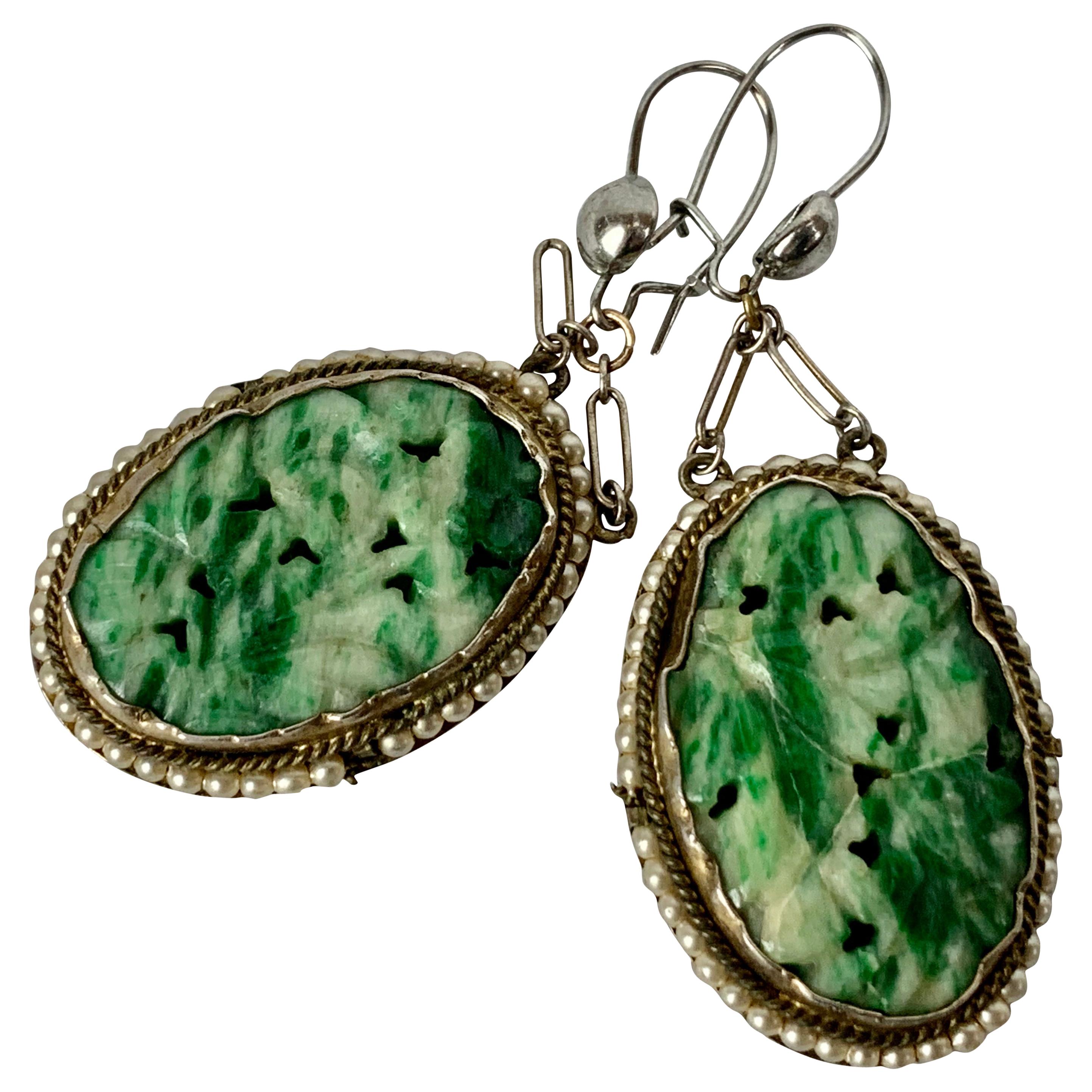 Pair of Vintage Earrings with Chinese Jade and Pearls set in Silver