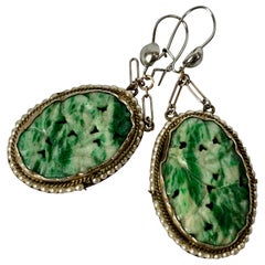 Pair of Antique Earrings with Chinese Jade and Pearls set in Silver