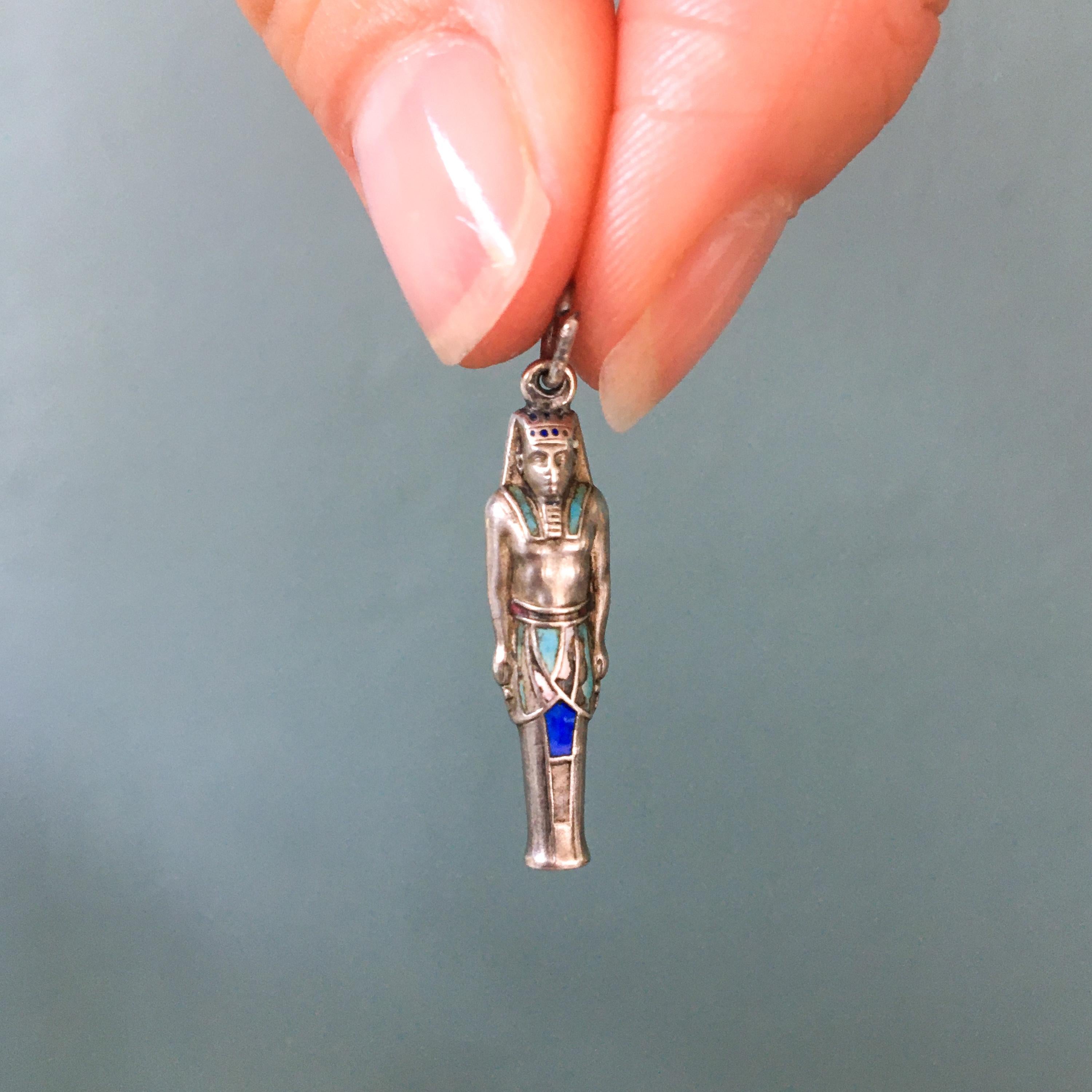 Egypt Pharaoh Ramses Enameled Silver Charm Pendant In Good Condition In Rotterdam, NL