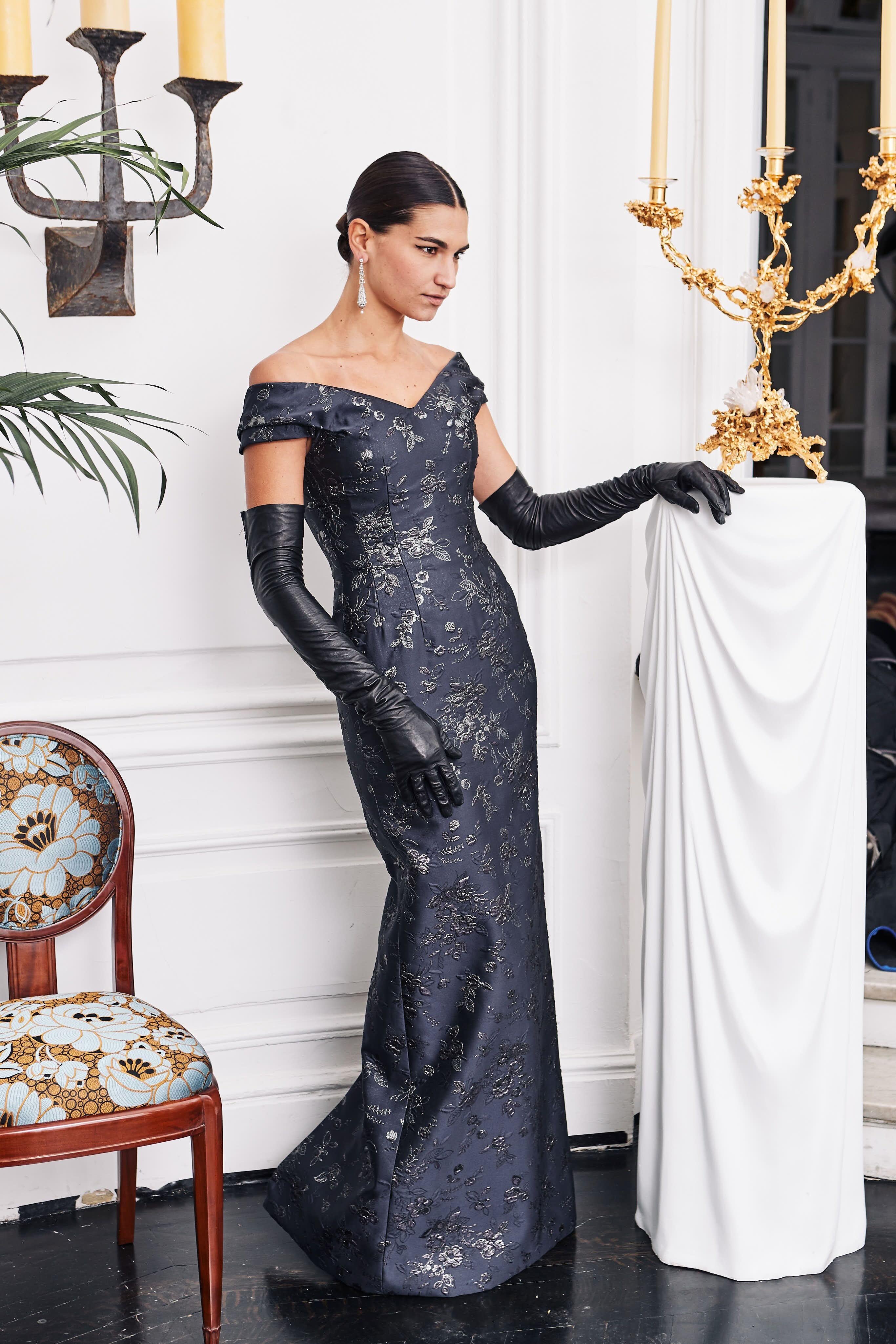  Silver Embroidery on Gunmetal V Neck Off the Shoulder Slim Gown with Train  6