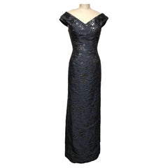  Silver Embroidery on Gunmetal V Neck Off the Shoulder Slim Gown with Train 