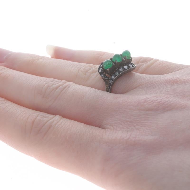 De las mujeres Anillo Georgiano de Esmeralda y Diamantes de Plata - 14k Cab Antiguo de Tres Piedras Sz 7 en venta