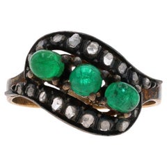 Silver Emerald & Diamond Georgian Bypass Ring - 14k Cab Antique Three-Stone Sz 7