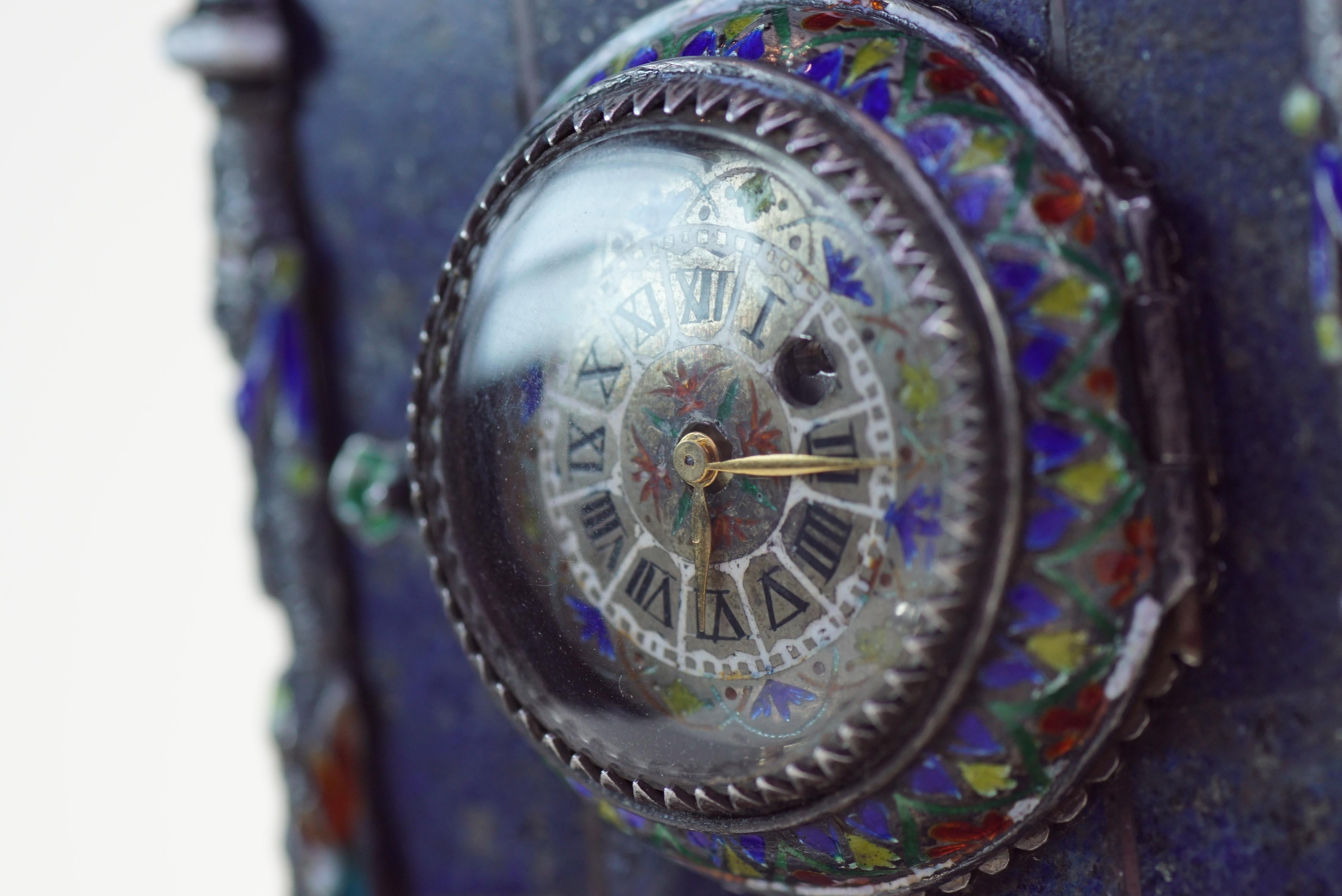 Silver, Enamel, and Lapis Lazuli Table Clock by Hermann Bohm 7