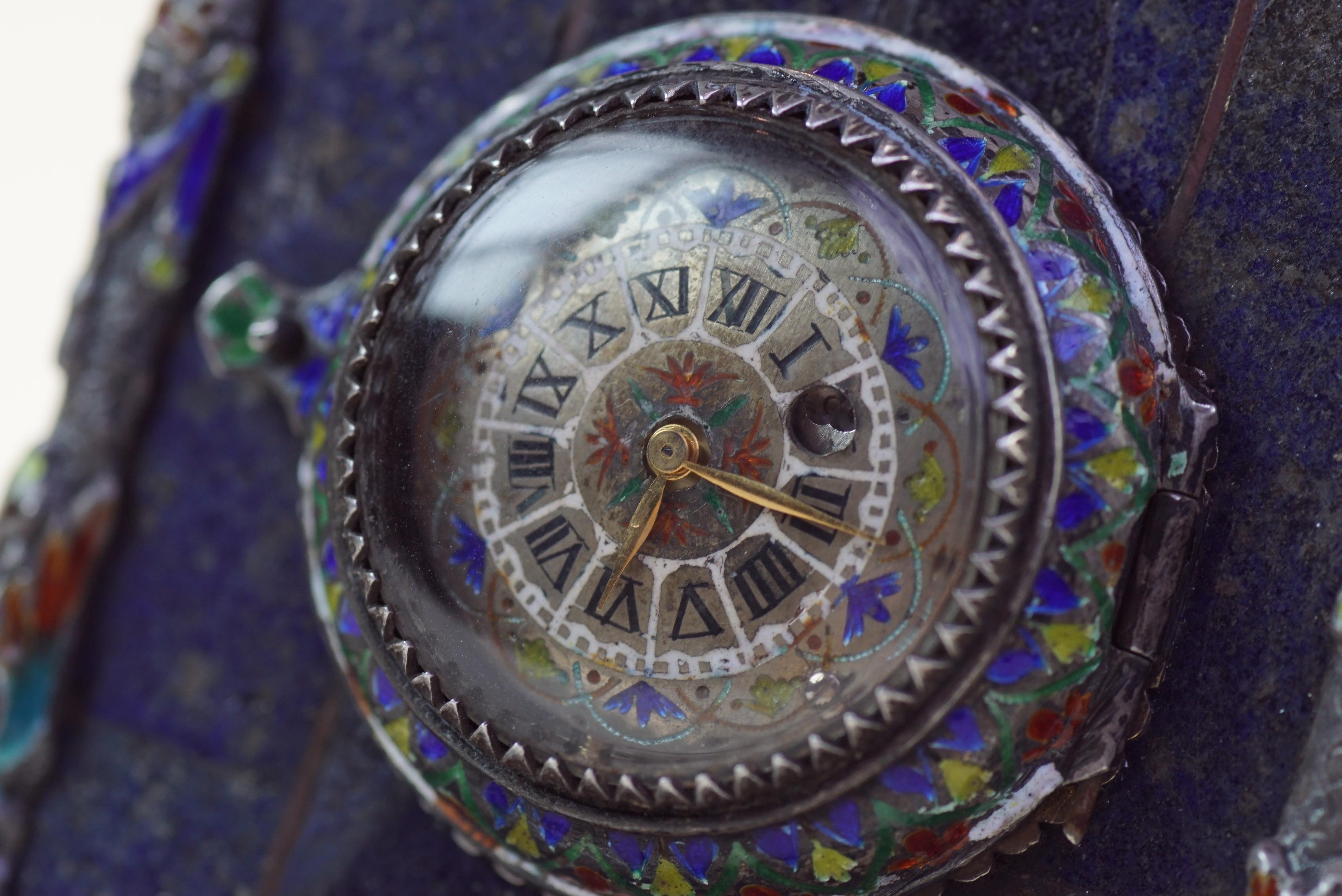 Silver, Enamel, and Lapis Lazuli Table Clock by Hermann Bohm 8