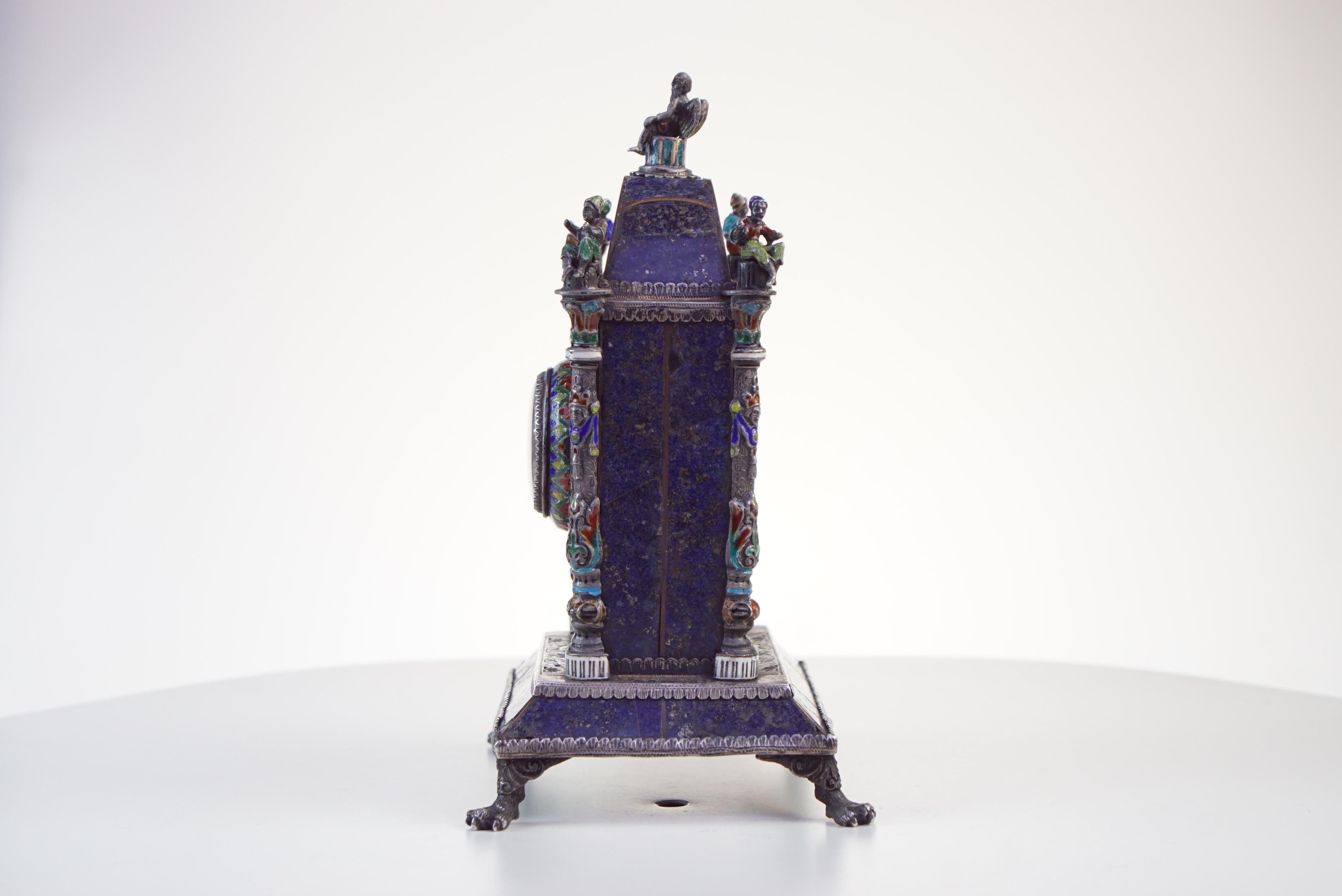 Silver, Enamel, and Lapis Lazuli Table Clock by Hermann Bohm (Österreichisch)