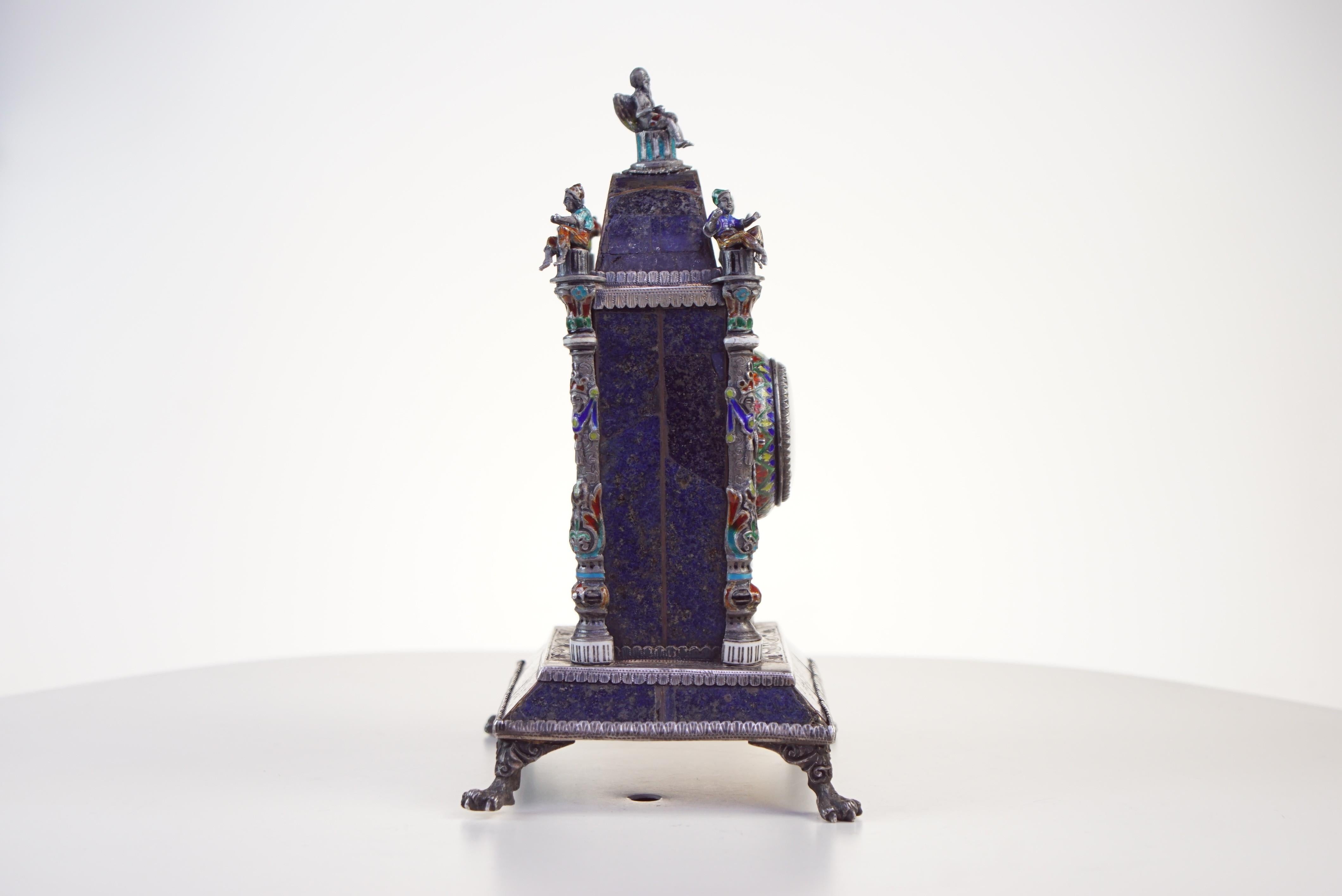 Silver, Enamel, and Lapis Lazuli Table Clock by Hermann Bohm (19. Jahrhundert)