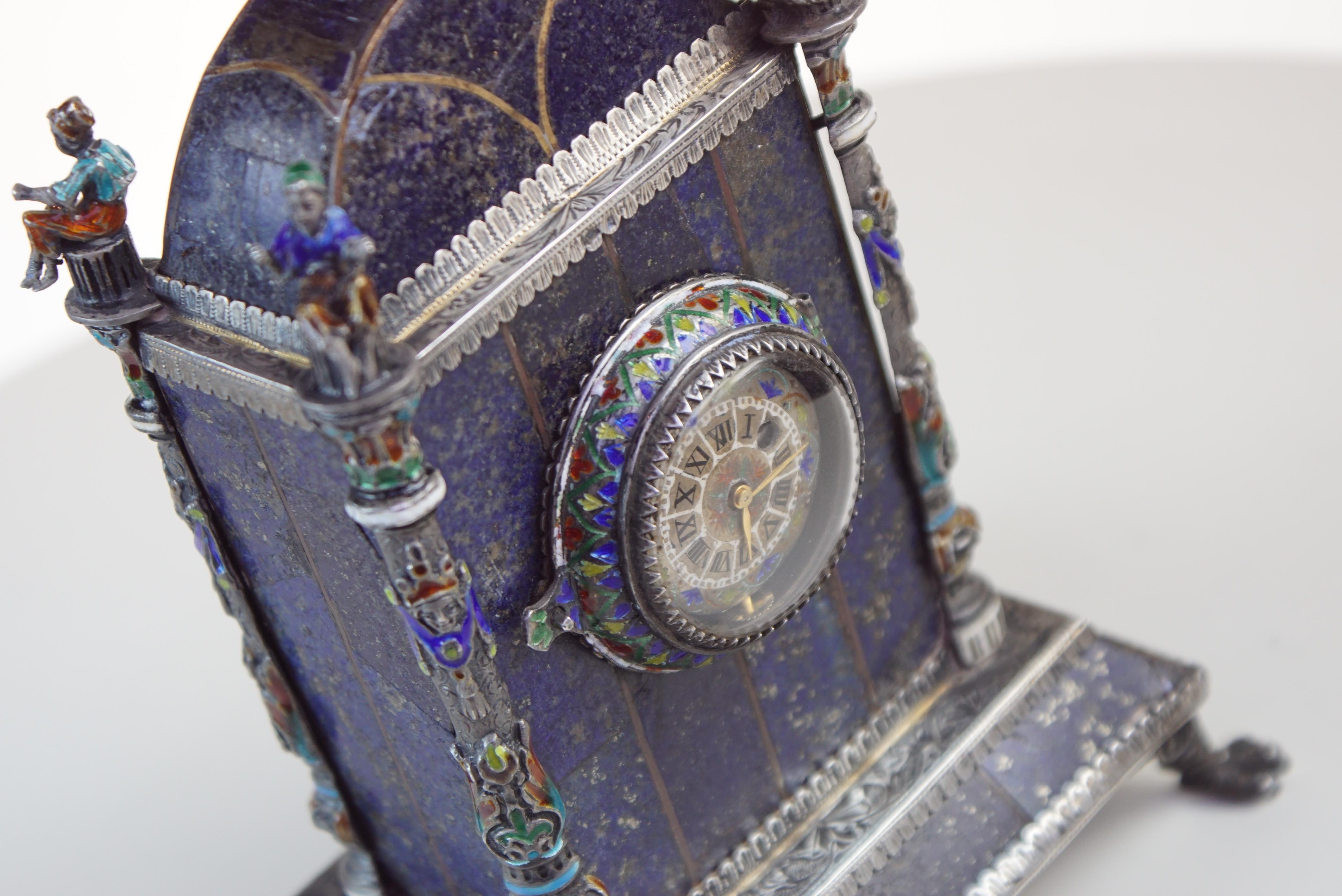 Silver, Enamel, and Lapis Lazuli Table Clock by Hermann Bohm (Silber)