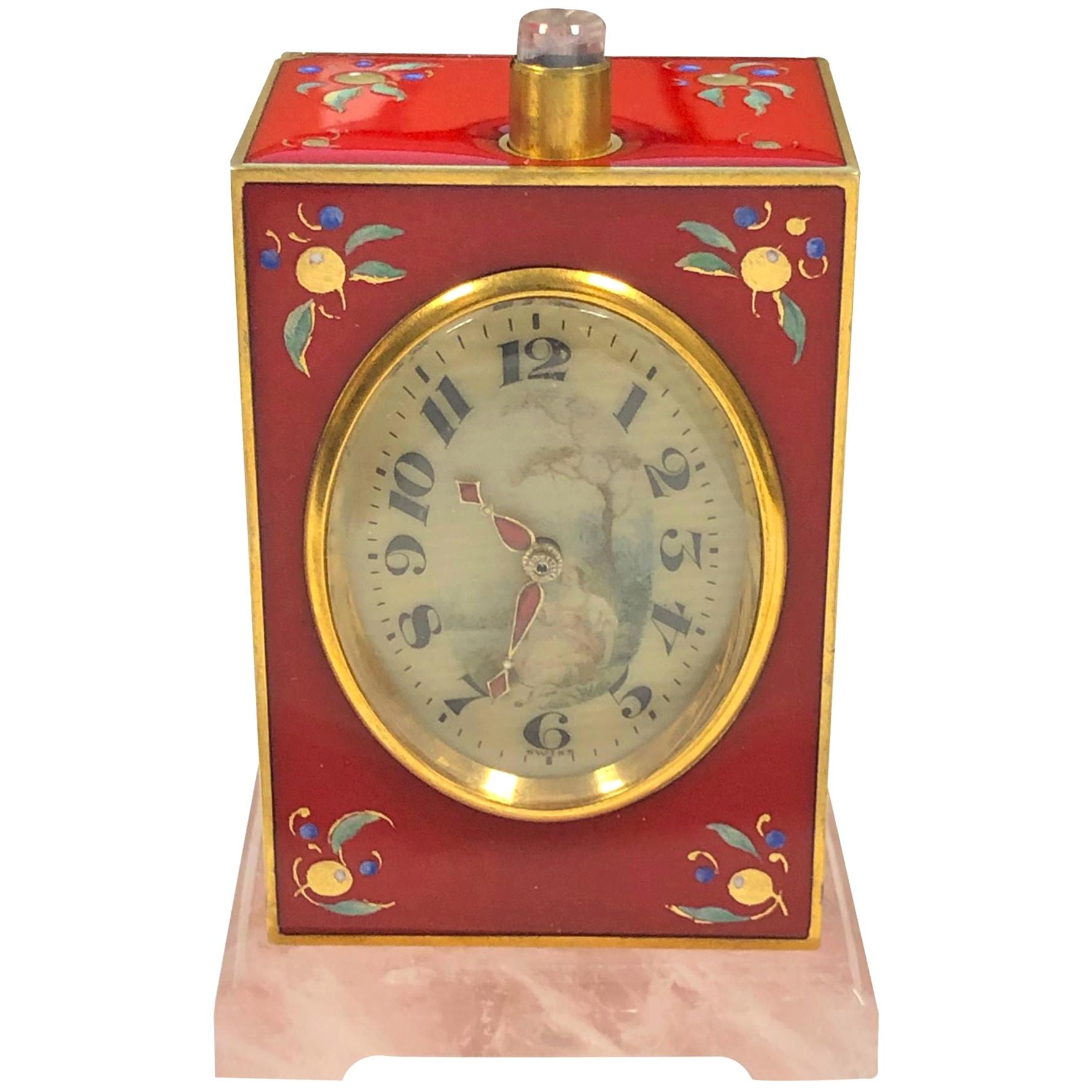 Silver Enamel and Stone Mounted Quarter Hour Repeater Clock by Fresard For Sale
