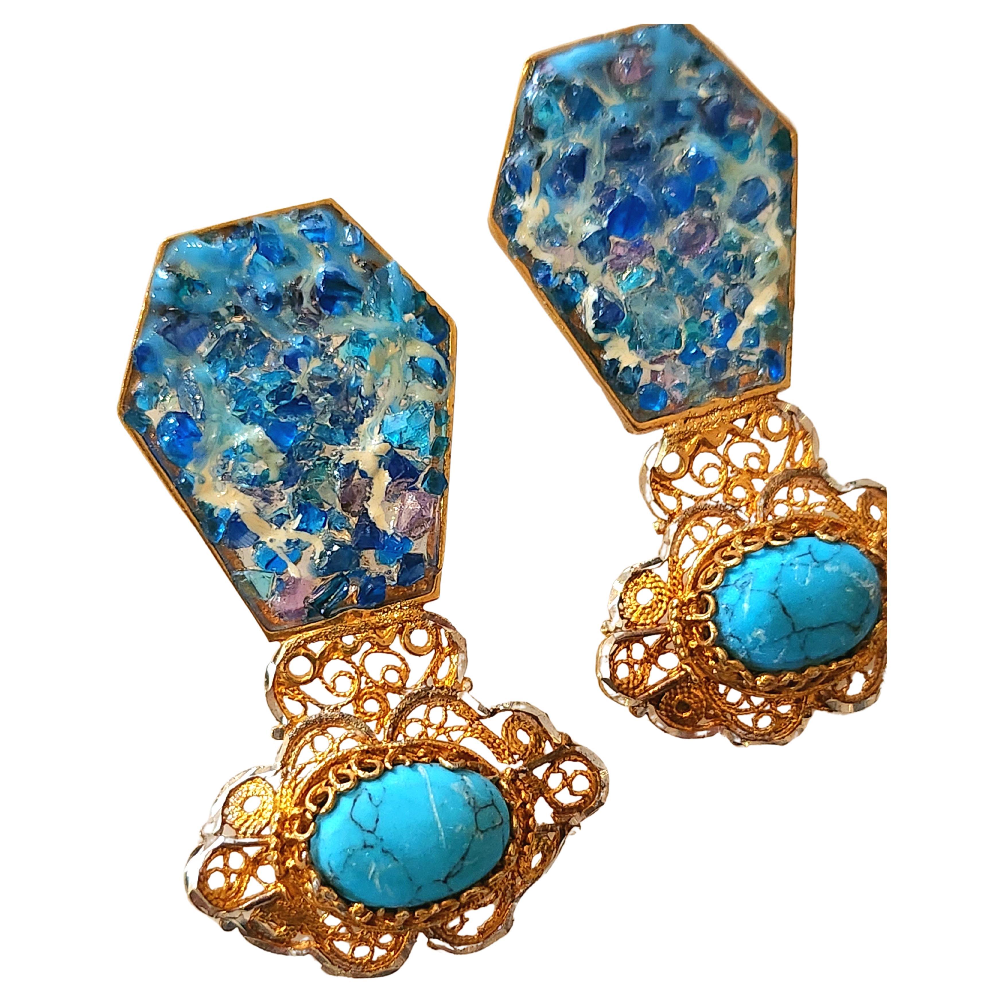 Contemporary Large silver hand made earrings gold plated with 750k gold with colorful blue plaque ajoure enamel technique and terqouse stones in byzantin style earrings lenght 5.5 cm 