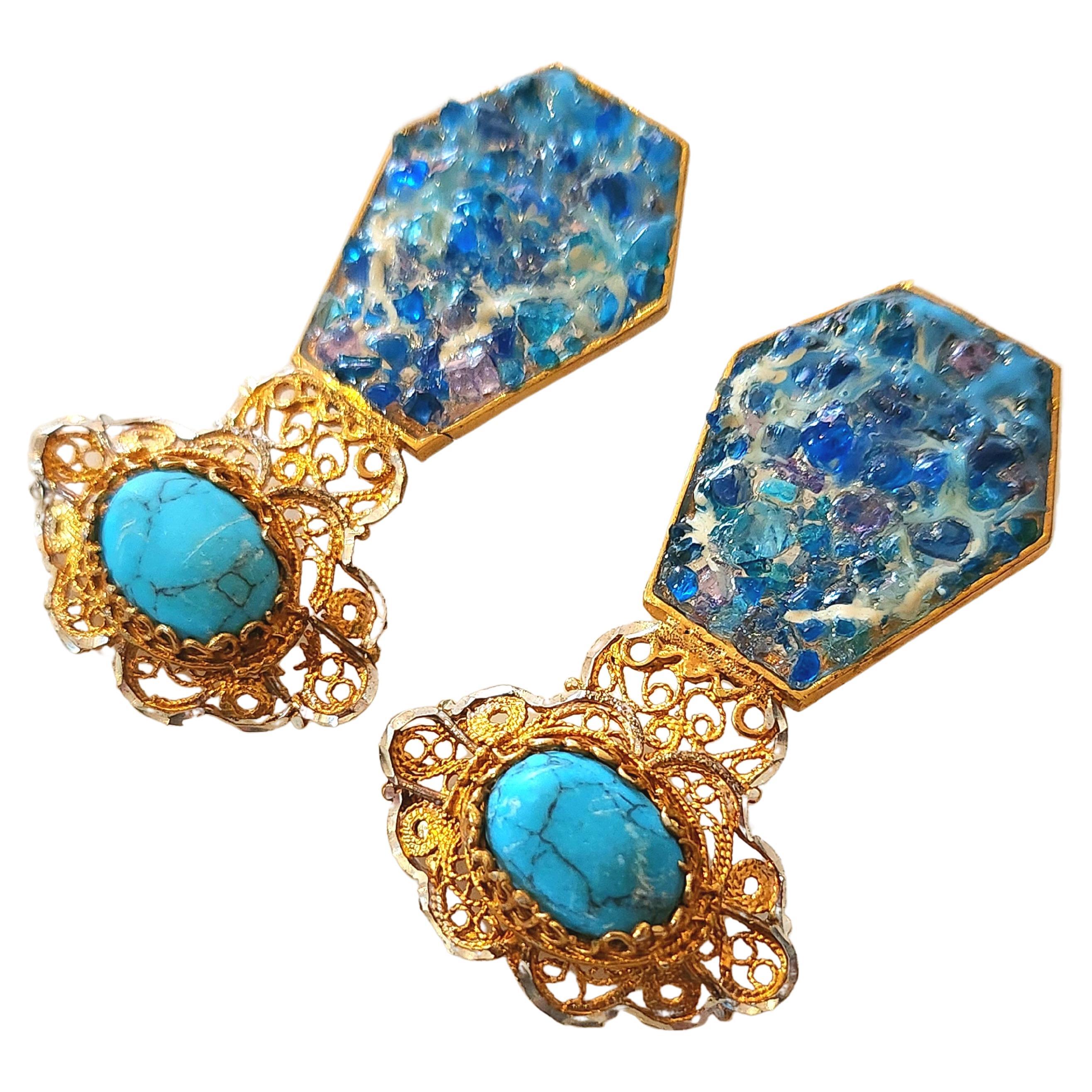 Byzantine Silver Enamel Gold Plated Earrings For Sale