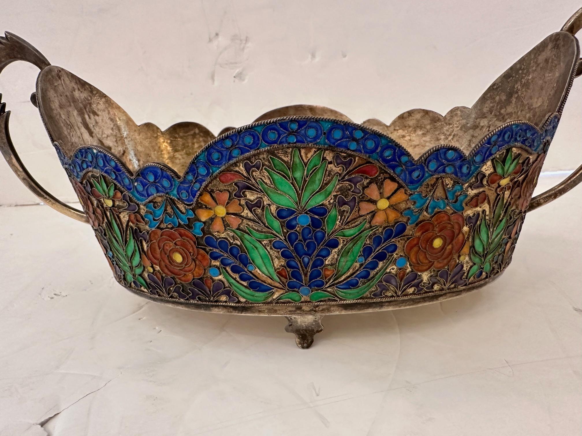 Lovely antique very detailed silver enameled serving bowl and accessories
Iranian
1900’s
Serving bowl 12.5” W x 6” W x 5” H
Ladle
2 small bowls 6.25” W x 4.5” D x 2” H
One glass insert missing
2 salt/pepper bowls w/spoons