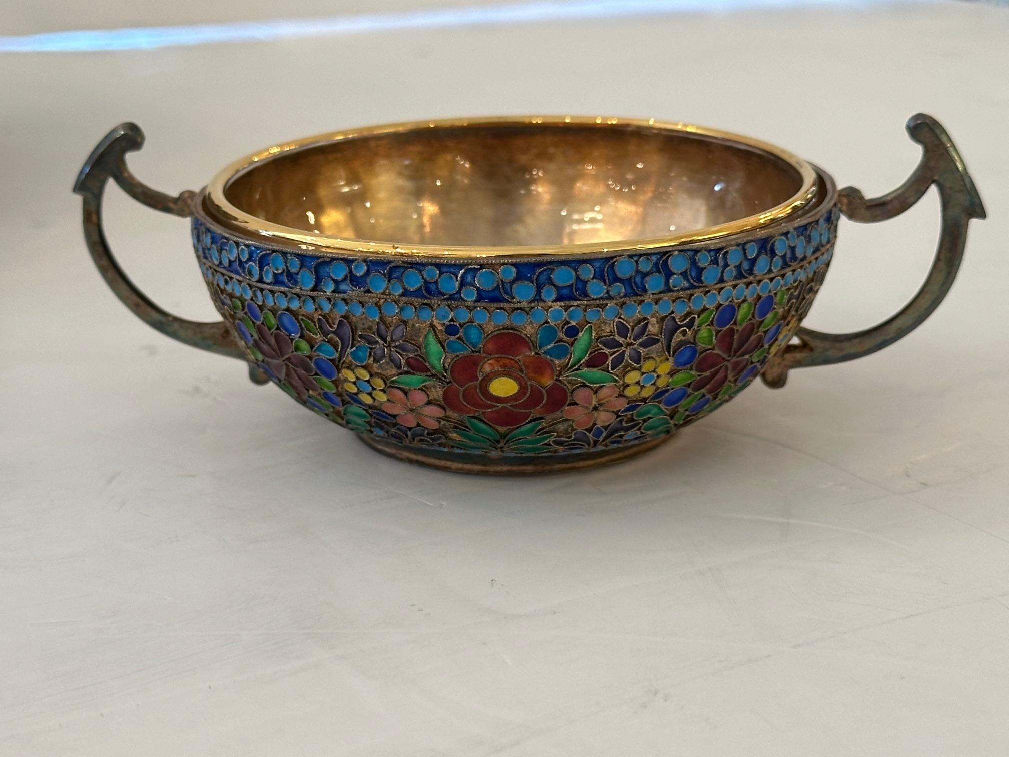 Early 20th Century Silver Enameled Serving Bowl & Utensils For Sale