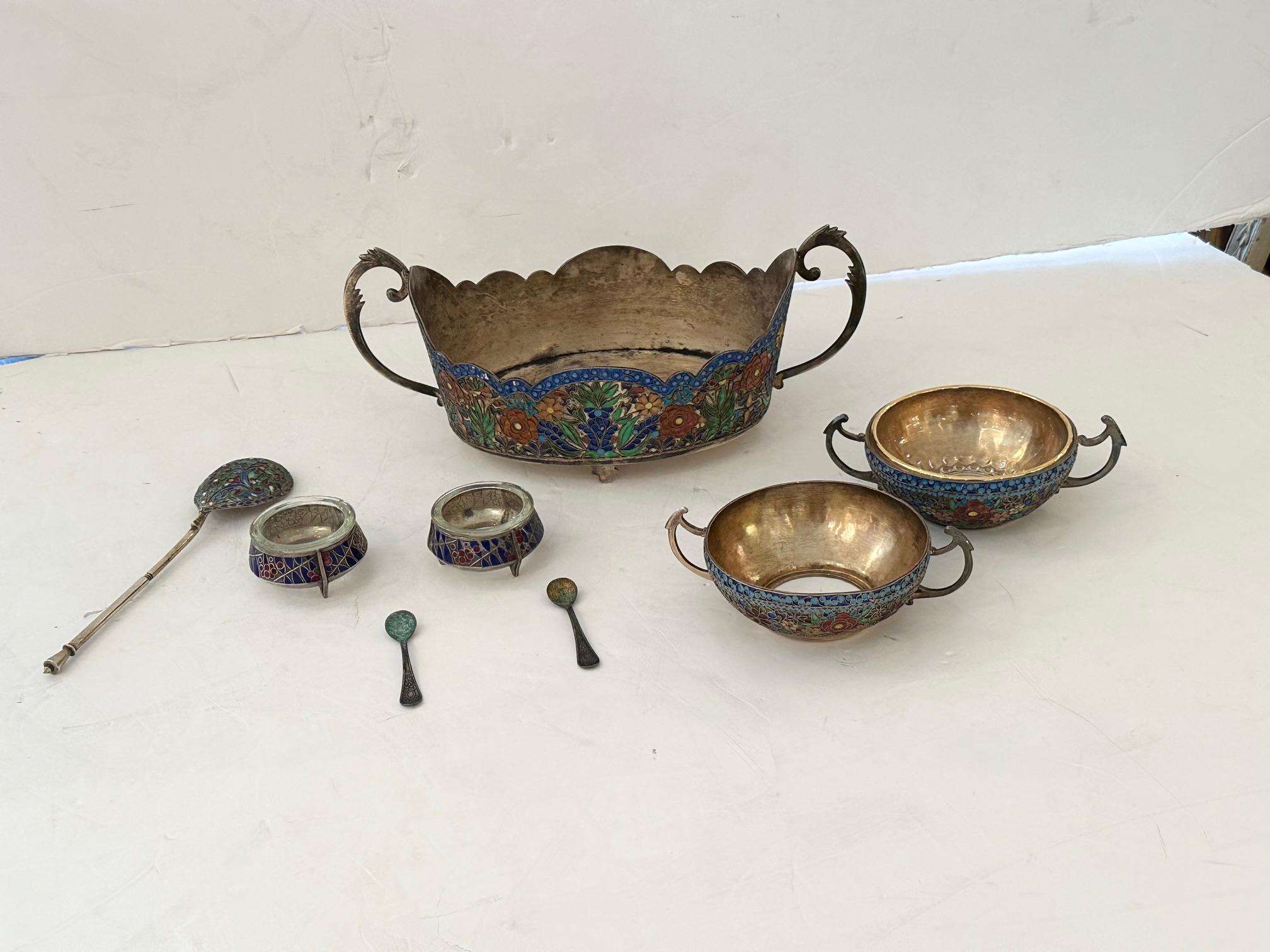Silver Enameled Serving Bowl & Utensils For Sale 2
