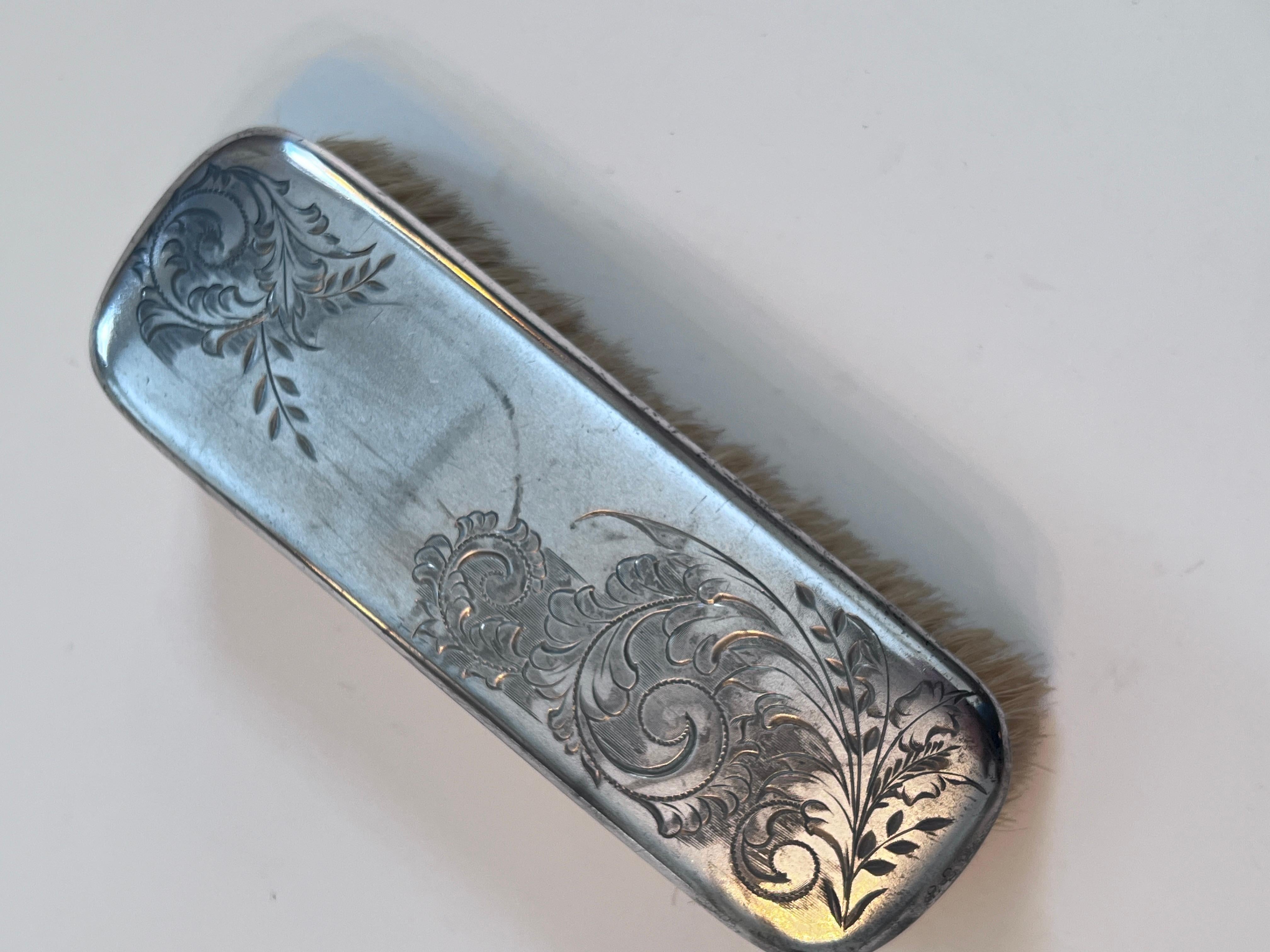 English Silver Etched Horse Hair Clothes Brush For Sale