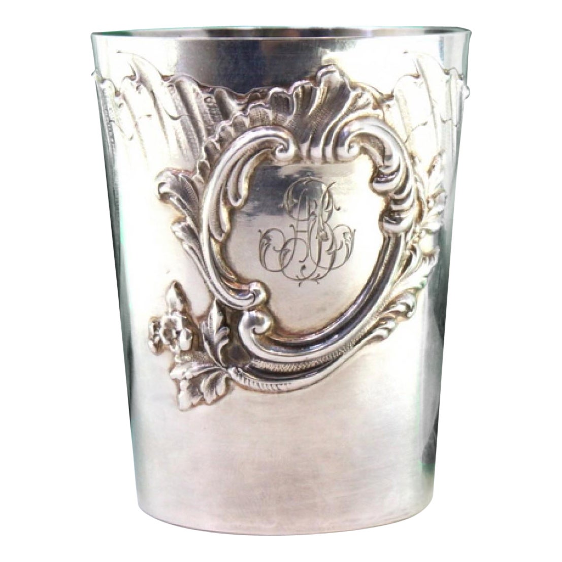 Silver evening glass with reliefs and monogram card