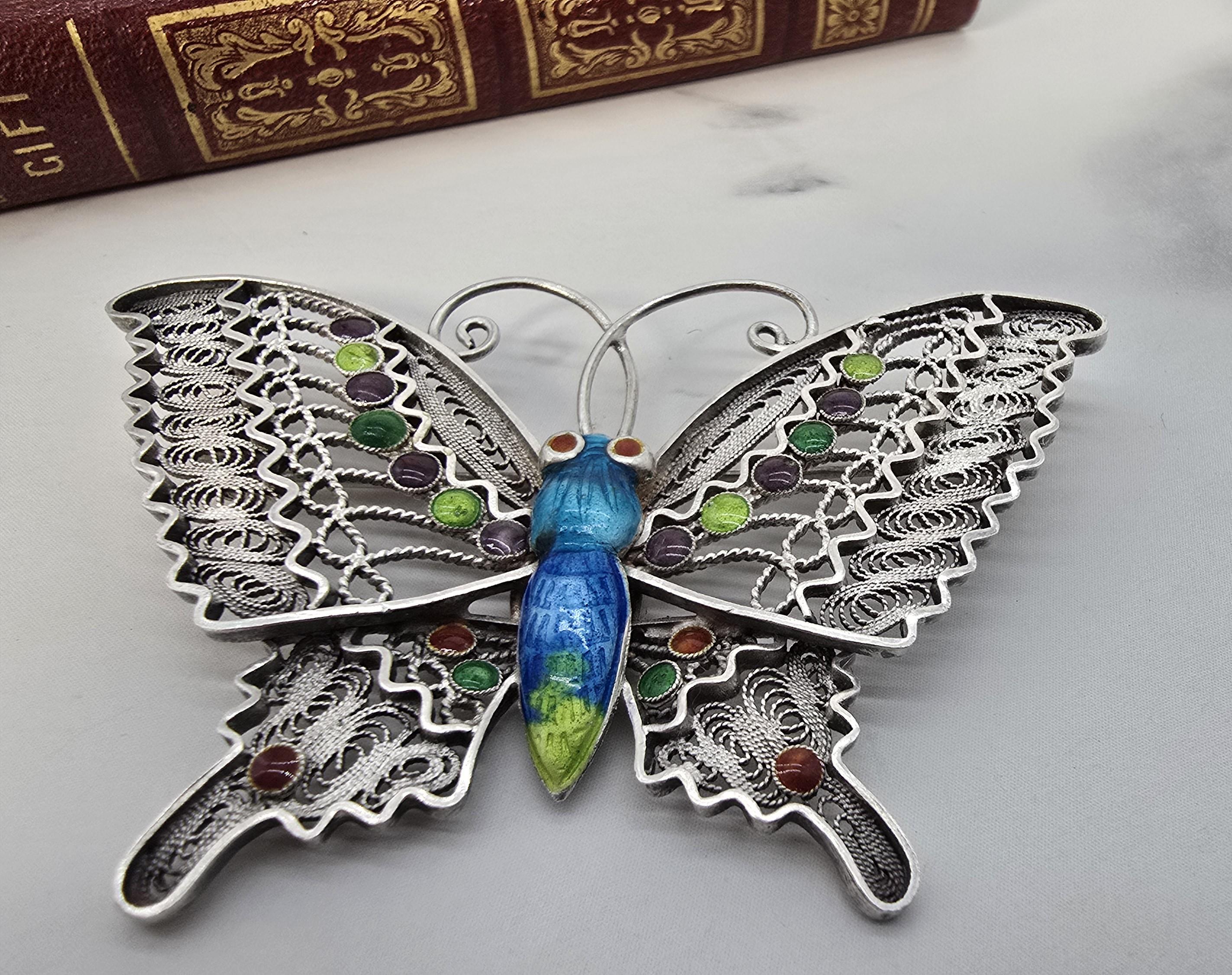 Spilla a farfalla in filigrana d'argento e smalto, cinese, circa 1930 in vendita 3
