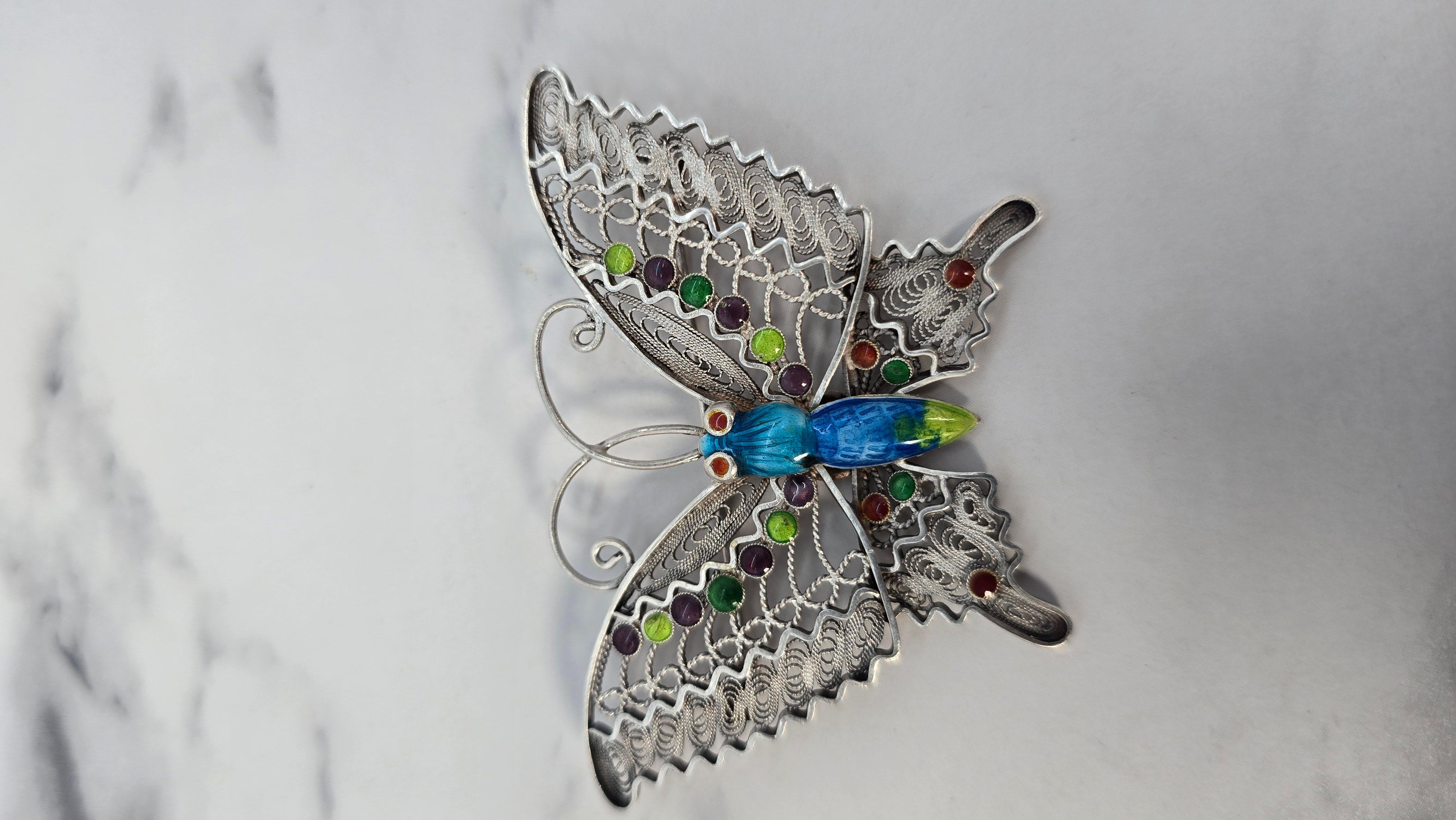 Cinese Spilla a farfalla in filigrana d'argento e smalto, cinese, circa 1930 in vendita