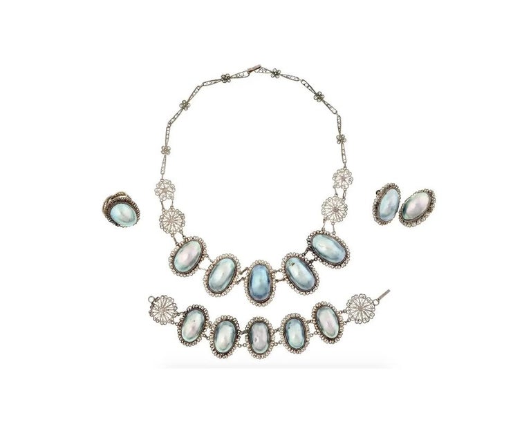 Silver Filigree And Mother Of Pearl Jewelry Set For Sale at 1stDibs