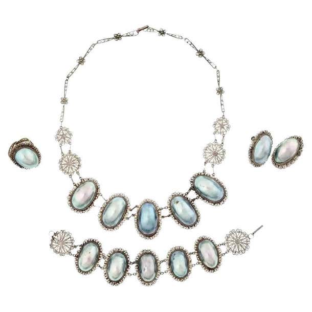 Silver Filigree And Mother Of Pearl Jewelry Set For Sale at 1stDibs