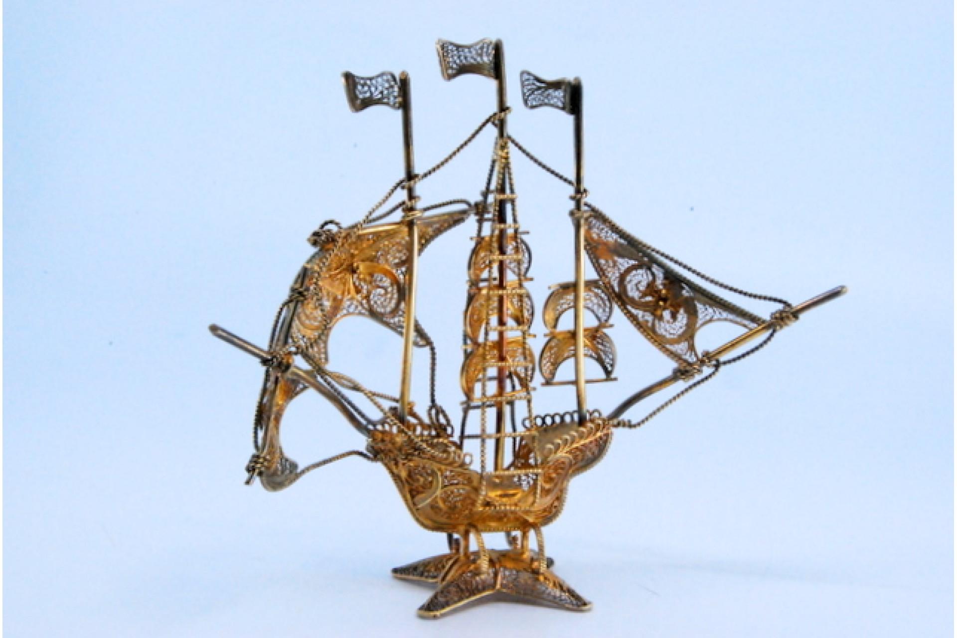 European Silver filigree caravel with enameled crosses and scalloped base For Sale