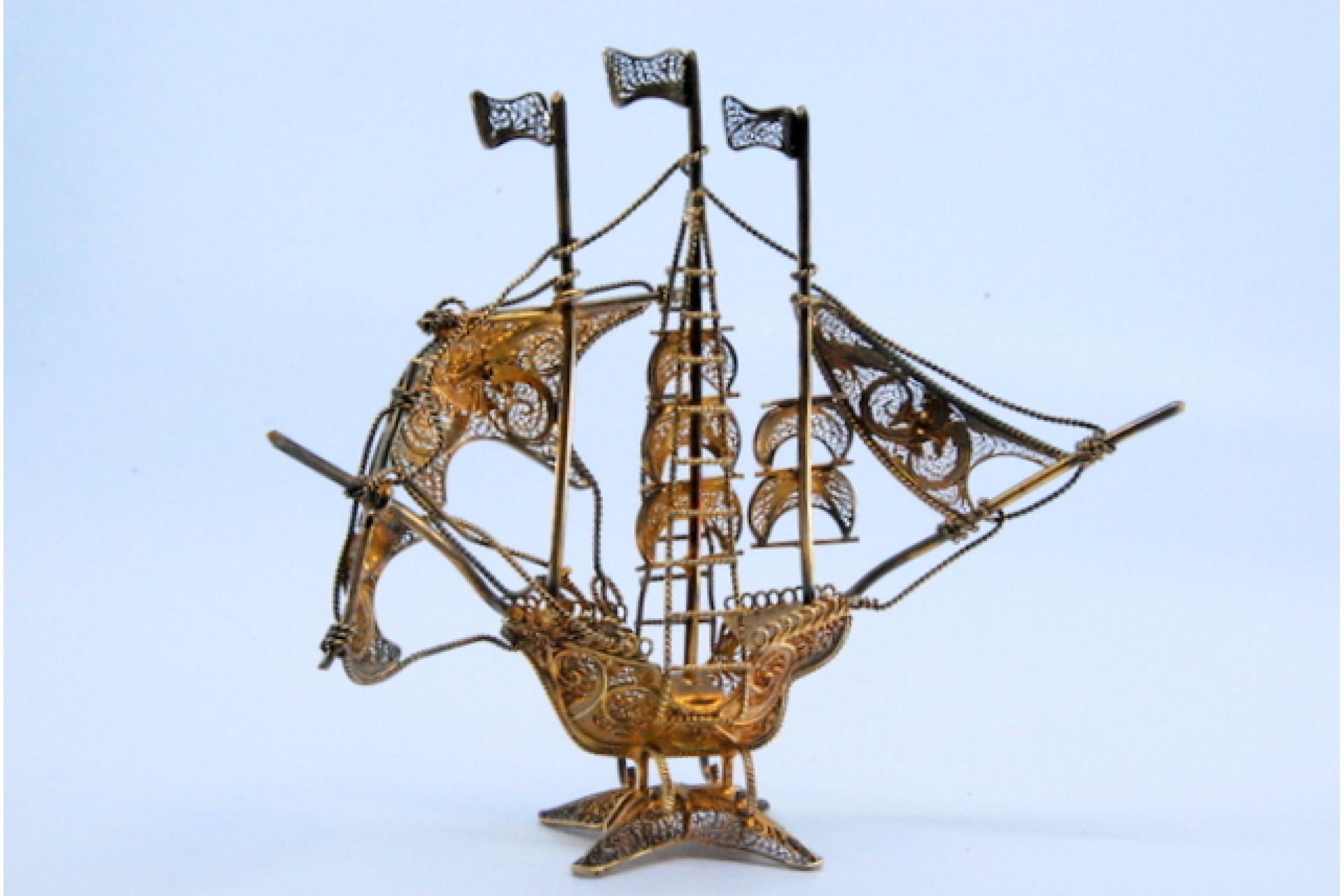 20th Century Silver filigree caravel with enameled crosses and scalloped base For Sale