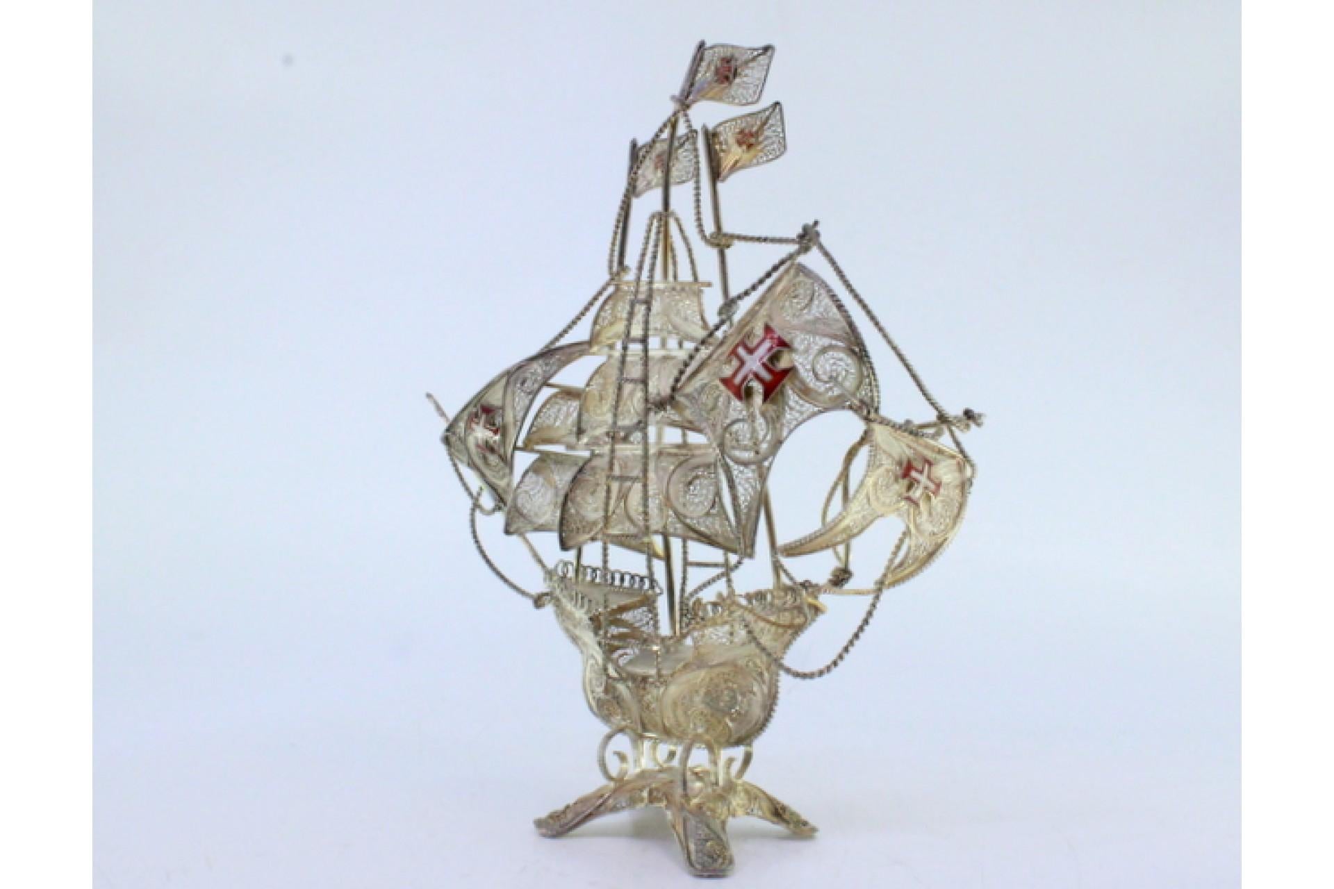 European Silver filigree caravel with enameled crosses on four-leg base For Sale