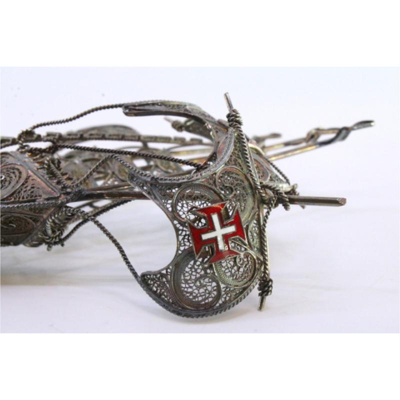 European Silver filigree caravel with three flags and Portuguese symbols For Sale