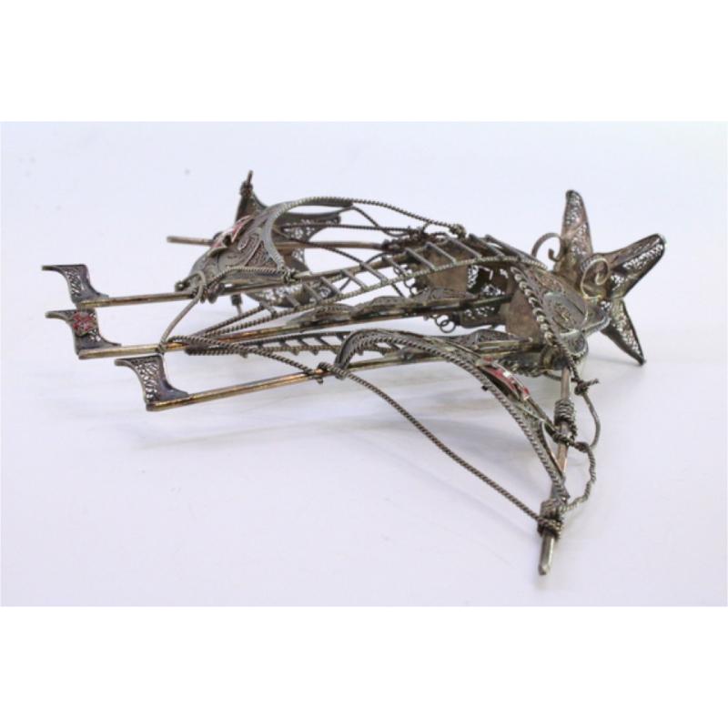 20th Century Silver filigree caravel with three flags and Portuguese symbols For Sale