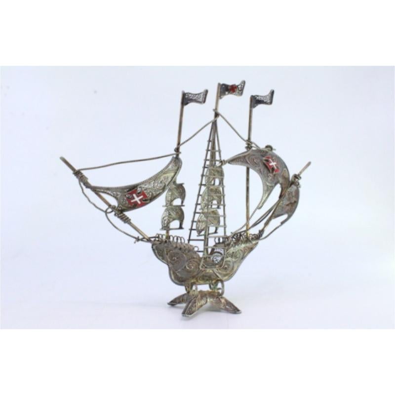 Silver filigree caravel with three flags and Portuguese symbols For Sale 3