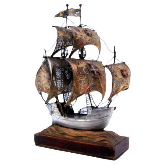 Silver filigree galleon with five sails
