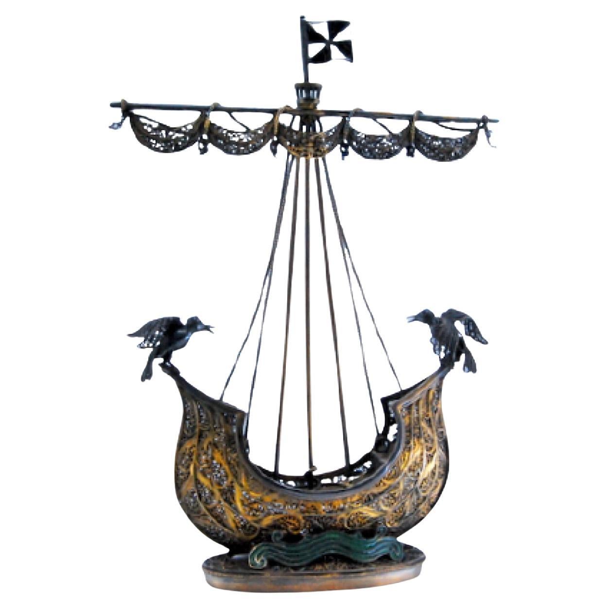 Silver filigree galleon with flag and symbol of the city of Lisbon For Sale