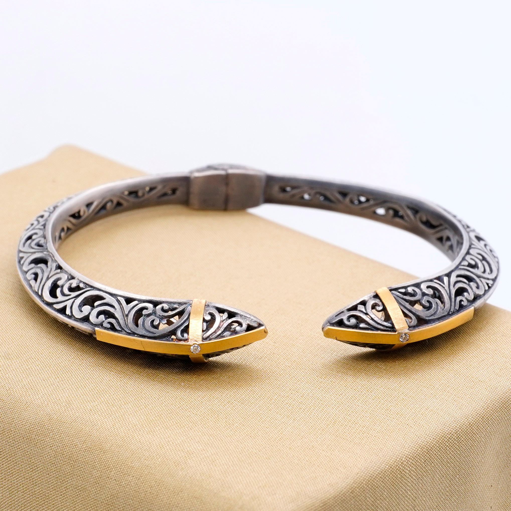 Silver Filigree Hinge Bangle Cuff Bracelet 24K Gold & Accent Diamonds, Handmade 2